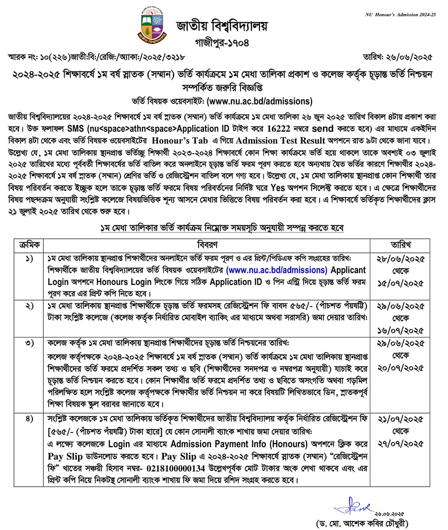 অনার্স ভর্তি পরীক্ষার ফলাফল ২০২৫ প্রকাশিত